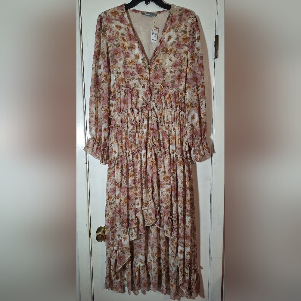 Boho Tiered Long-Sleeve Floral Maxi Dress - Pink Floral